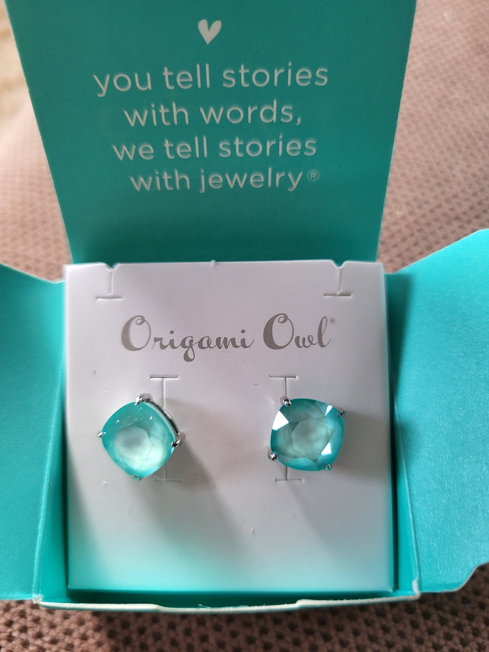 Origami Owl Aqua Clara Cushion-Cut Stud Earrings Brand New